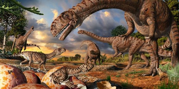 Rekonstruktionsbild der 190 Millionen Jahre alten Prosauropoden Massospondylus und seiner Jungtiere Quelle: Julius Csotonyi (CC-BY-SA-4.0)